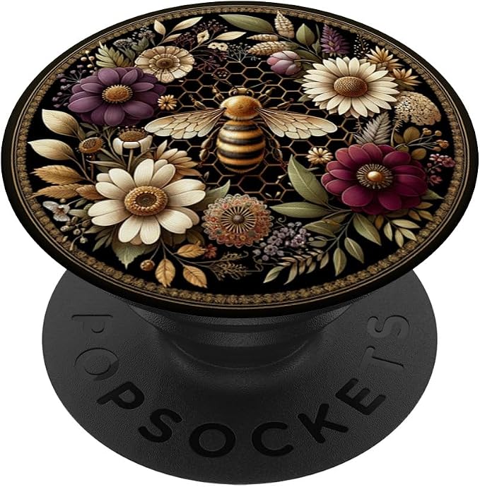 Floral Boho Bee Aesthetic Honey Beekeeper Black PopSockets PopGrip for MagSafe