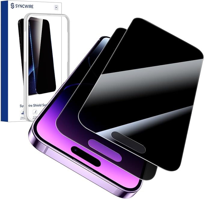 SYNCWIRE Privacy Screen Protector for iPhone 14 Pro Max with Easy Installation Kit [Military-Grade Protection] 9H Shatterproof Full Coverage Anti-Spy Tempered Glass 6.7 inch [2-Pack]