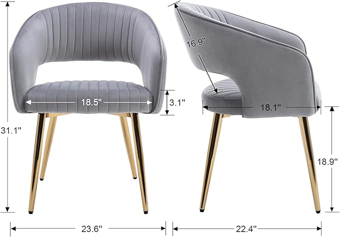 Modern Velvet Dining Chairs Set of 8, Upholstered Gold Dining Room Chairs with Hollow Back and Gold Legs, Accent Armrest Kitchen Chairs for Living Room Reception Grey