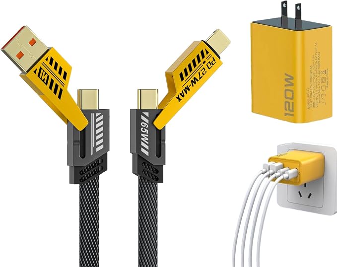 120W Dual USB &amp Dual Type-C Fast Charger C Chargers Fast Charging 4 Foot 4 in 1 Fast Charging Cable &amp Data Sync Dual Ports Adapter for Gaming Office Travel (1set)