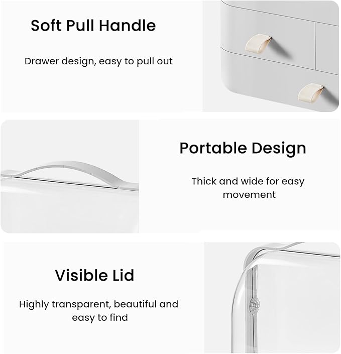 Makeup Organizer and Storage for Vanity with Lid and Drawers, Waterproof and Dustproof Portable Skincare Cosmetics Boxes, Makeup Caddy Holder for Vanity Countertop, Bathroom, Dresser-All White