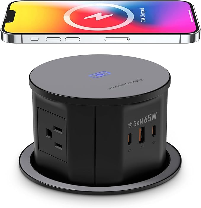 Pop up Outlet for Countertop with 15W Wireless Charger,65W USB C Charging Station,4 Outlets,2 USB C,USB A,Tamper Resistant Receptacle,4.7'' Hole Power Grommet,Office Power Supply,Black