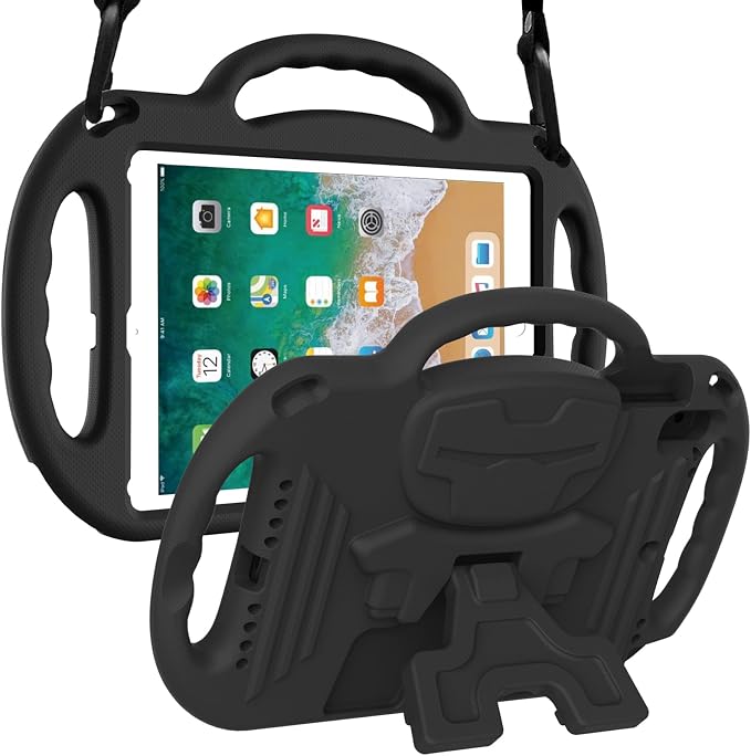 LTROP Kids Case for iPad 5th/6th Generation (2017/2018) &amp Air 2 Shoulder Strap Handle Stand Shockproof Bumper Cute Kid Case for iPad 9.7 Inch Black