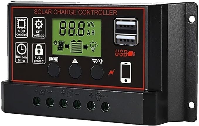 Solar Charge Controller, Solar Panel Charge Controller Intelligent Regulator with Dual USB Port 12V/24V, Auto Paremeter Adjustable LCD Display PWM（Black, 30A）