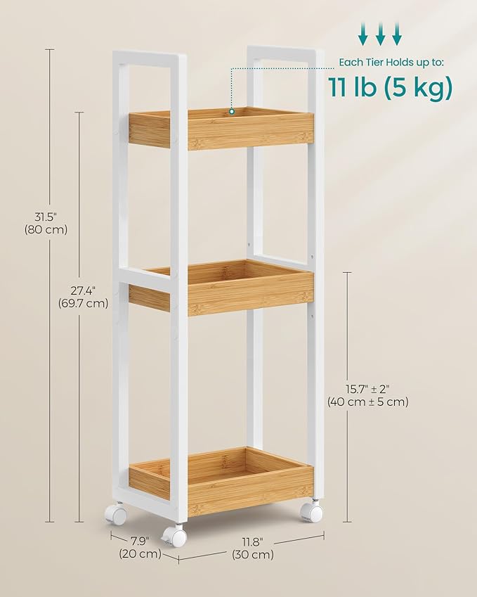 SONGMICS Bamboo Rolling Cart, 3-Tier Utility Cart on Wheels, Slim Narrow Storage Shelf, Bamboo Shelves, Space-Saving, Multifunctional, for Bathroom, Kitchen, White and Natural UBCB083N02