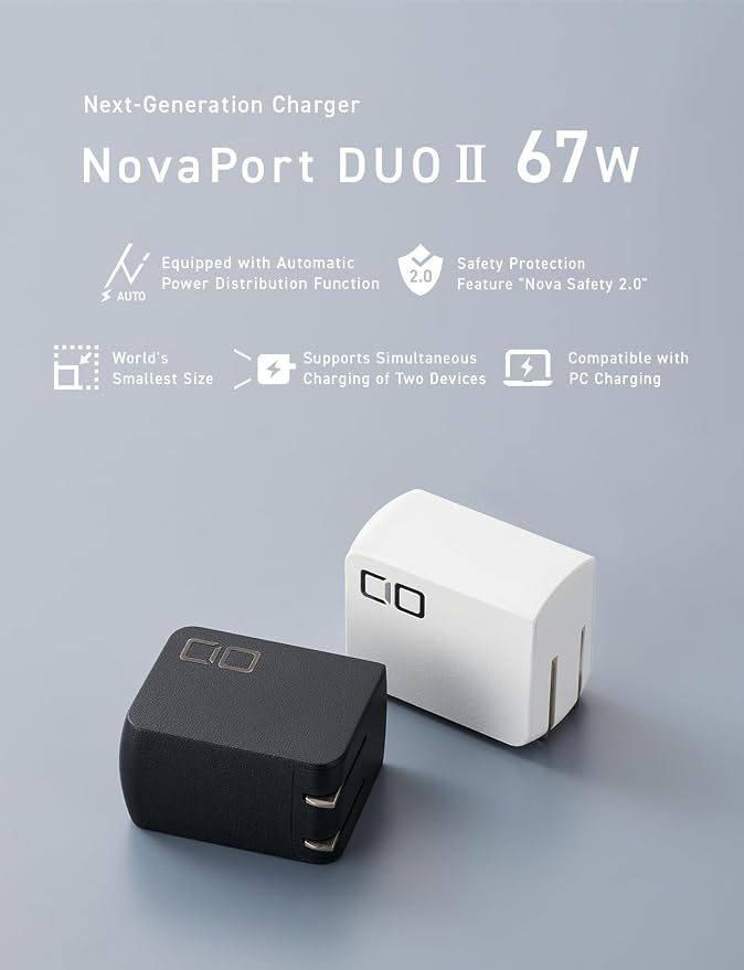 CIO NovaPort Duo II 67W2C Dual USB-C GaN Fast Charge Block (Black) | Compact 2-port fast charging wall adapter 67W max output for laptop phone and tablet