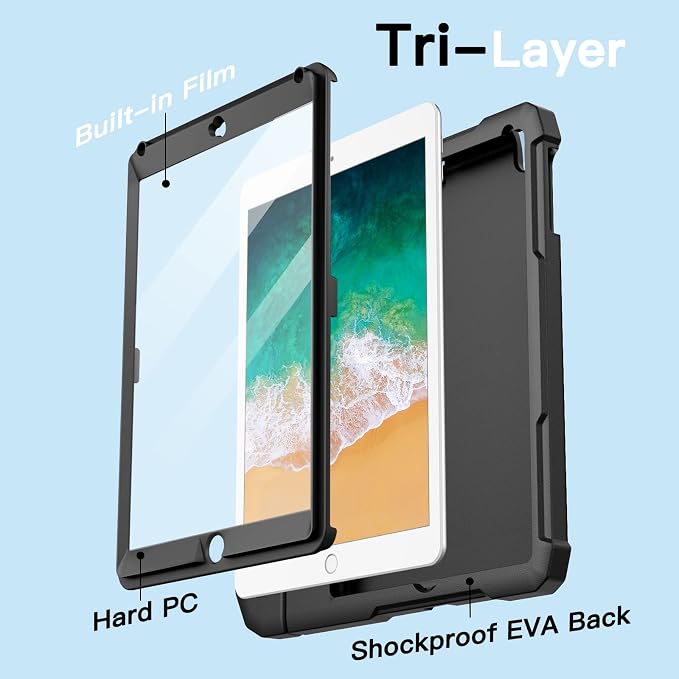 JETech Kids Case for iPad 6th/5th Gen 9.7 (2018/2017) Black | Built-in Screen Protector 360° Rotating Handle Stand Shockproof Full-Body Protection Kid-Friendly Design