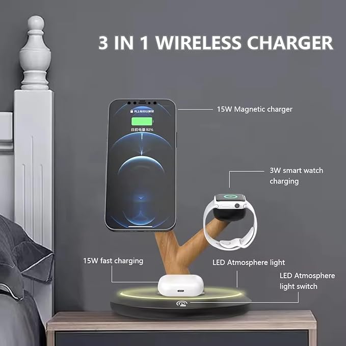 3 in 1 Wireless Charger Stand Desktop Charging Station - 15W Magnetically Attached Charging Pad Automatic Induction Identification Charging with Qi-CertifiedA