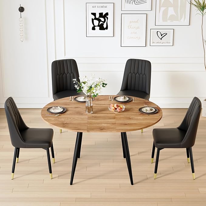 42"-54" Extendable Dining Table Set for 4, Round Dining Table Set for 4, 0.73" Thick Wood Tabletop with Smooth Edge, Black Metal Leg with Non-Slip Footmat, 4 Soft PU Chairs, for Kitchen, Small Space