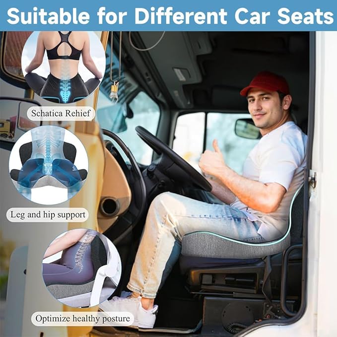 Memory Foam Seat Cushion for Truck Driver Office Chair Cushion Home Chair Cushion Car Seat Cushion Non Slip Pad Sitting Ergonomic Cushions for Office Workers Car Drivers (Black & Gray)