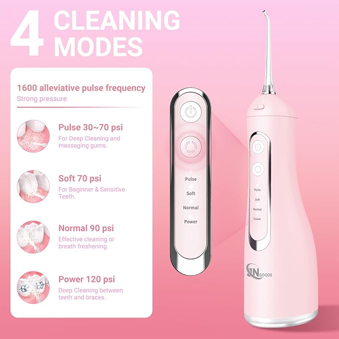 JNGOODS Cordless Water Dental Flosser Oral irrigator,JNGOODS 300ml Rechargeable Water flosser for Teeth IPX7 Waterproof 4 Modes Portable Oral Irrigator with 4 Jet Tips, Travel Home use (Pink)