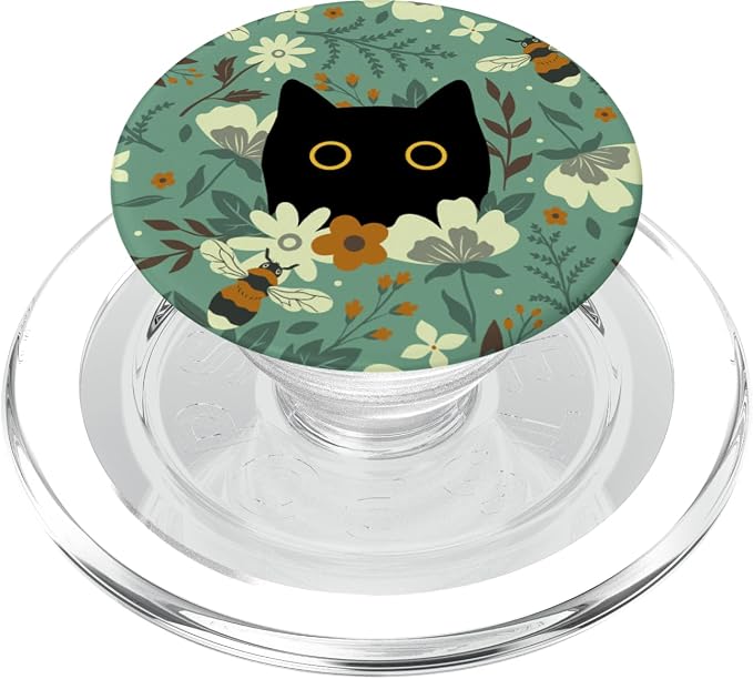 Black Cat Hiding in Garden Flowers with Bees Cute Floral PopSockets PopWallet for MagSafe