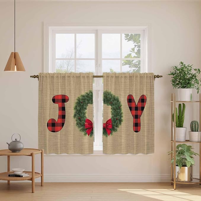 Red Green Christmas Kitchen Tier Curtains 45 Inch Long 2 Panel Set, Rod Pocket
