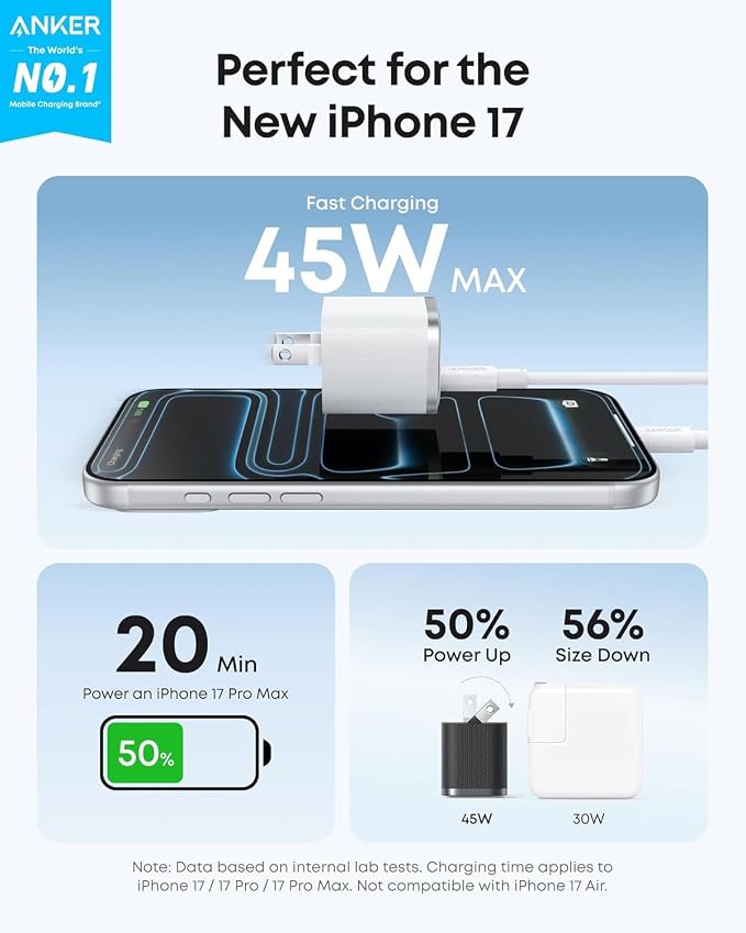 Anker iPhone Charger 45W Type C Fast Charging USB C Charger Block | Includes 6FT USB-C Cable and Foldable Plug for iPhone 17/16 SeriesMacBook Pixel 9 iPad and More