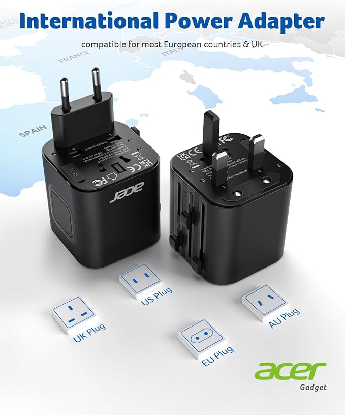 Acer European Travel Plug Adapter，Universal Travel Adapter, International Power Adapter for USA to Europe UK France Germany Spain Ireland Australia (Type C/G/A/I),Black