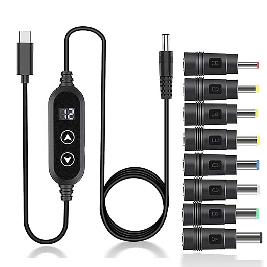 100W USB C to DC Charger Barrel PD Trigger Cable with 8 DC Conversion Heads and LED Display Screen DC 5V/9V/12V/15V/20V to DC Adapter Cable for Netbook Tablets Led Light Routers (3.9ft)