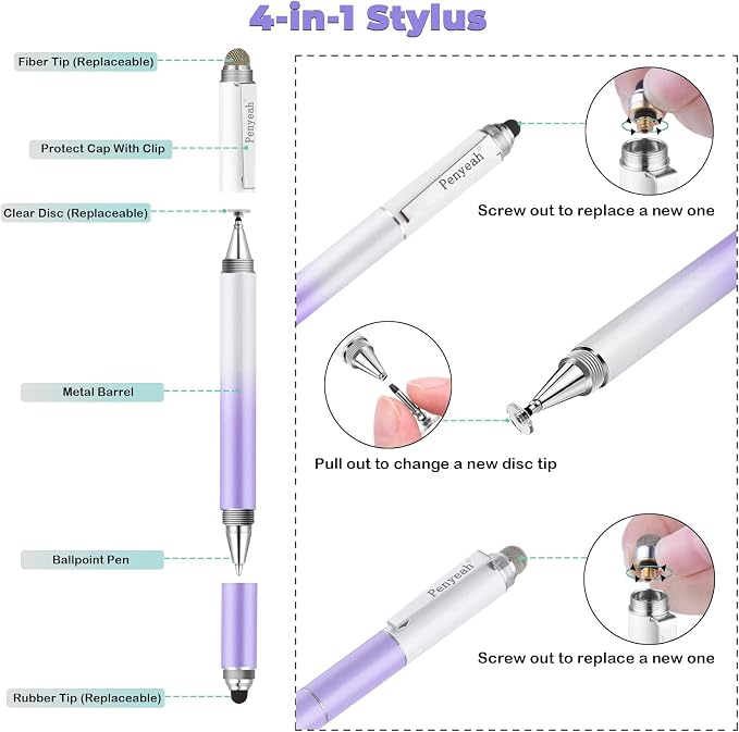 Penyeah Stylus 4-in-1 Stylus Pen for Touch Screen High Precision and Sensitivity DiscMesh2 Sized Rubber Tips Universal for iPhone/iPad/Android/Samsung/HP Tablets All Capacitive Touch Screens-Blue