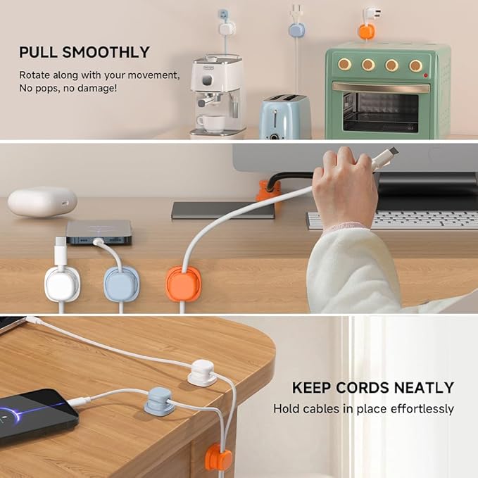 Magnetic Cord Organizer Holder, Upgrade Cord Holder for Nightstand, Adhesive Wire Cable Clips Management Kit for Phone Charger, Computer, Home, Office, Desk, Nightstand (Blue, 6 Packs)