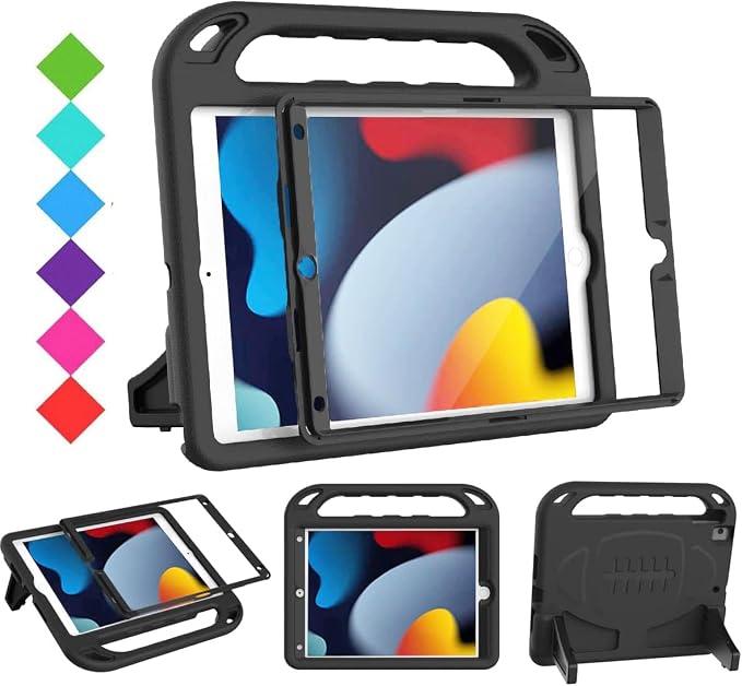 BMOUO Kids Case for iPad 9th/8th/7th Generation (iPad 10.2 Inch 2021/2020/2019) with Built-in Screen Protector Durable Shockproof Handle Stand iPad 9th 8th 7th Generation Case for Kids Black