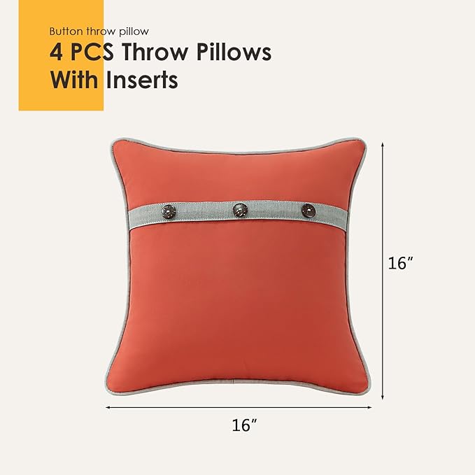 Outdoor Sunbrella Decorative Pillows with Triple Coconut Buttons Pack of 4, 16" x 16" Outdoor Pillow Set for Couch Bed Throw Patio Sofa, Canvas Melon/Cast Ash