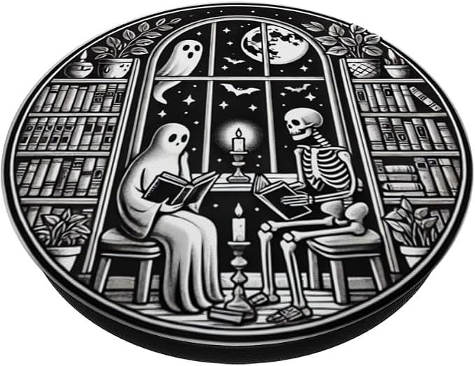 Retro Spooky Bookish Halloween Skeleton Ghost Bookworm Gifts PopSockets PopGrip for MagSafe