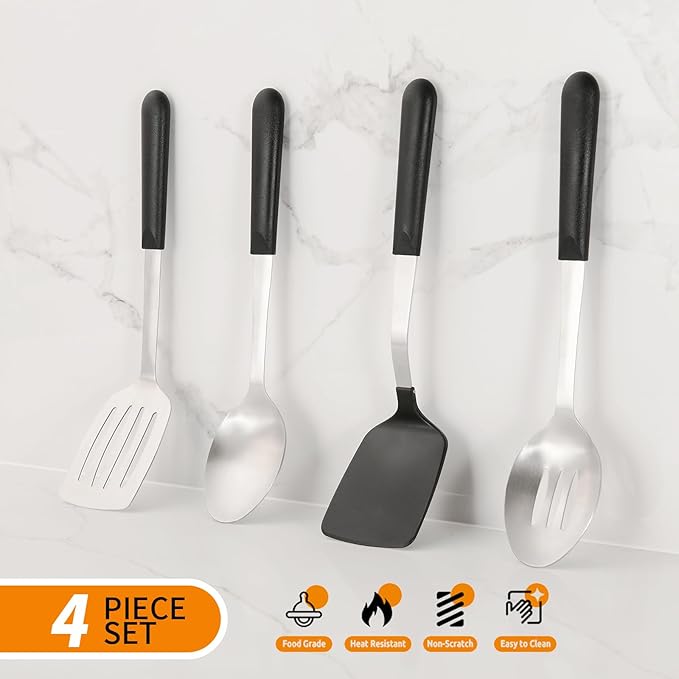 CuCut 4 Pcs Cooking Utensils Set, Stainless Steel Kitchen Utensils, Heat Resistant Metal Kitchen Tools Include Solid, Slotted Turner, Serving Spoon, Non-Stick Wok Spatula, Dishwasher Safe, Silver
