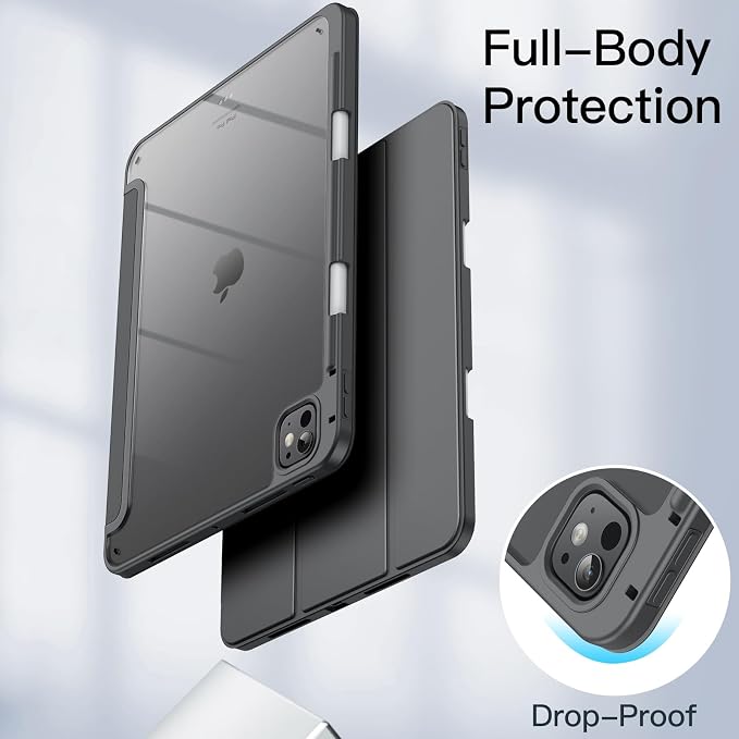JETech Case for iPad Pro 11 M5/M4 Black | Cover for 2025/2024 Model Clear Transparent Back Pencil Holder Slim Shockproof Protection Tri-Fold Stand Auto Wake/Sleep