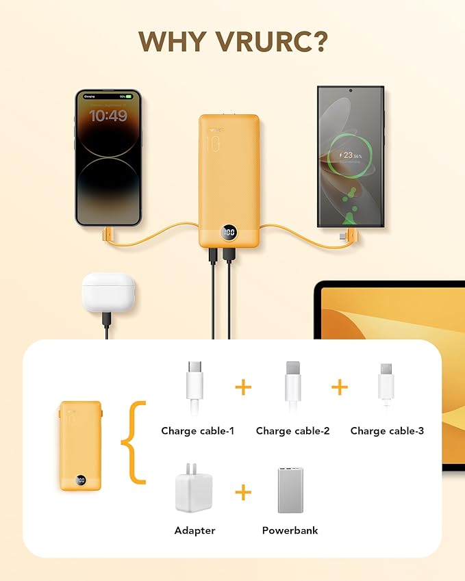 VRURC Portable Charger Power Bank Built-in Cables and AC Wall Plug | USB C Portable Bank 10000mAhTravel Essentials Phone Charger Compact External Battery Pack for Smart PhonesTablets-Black