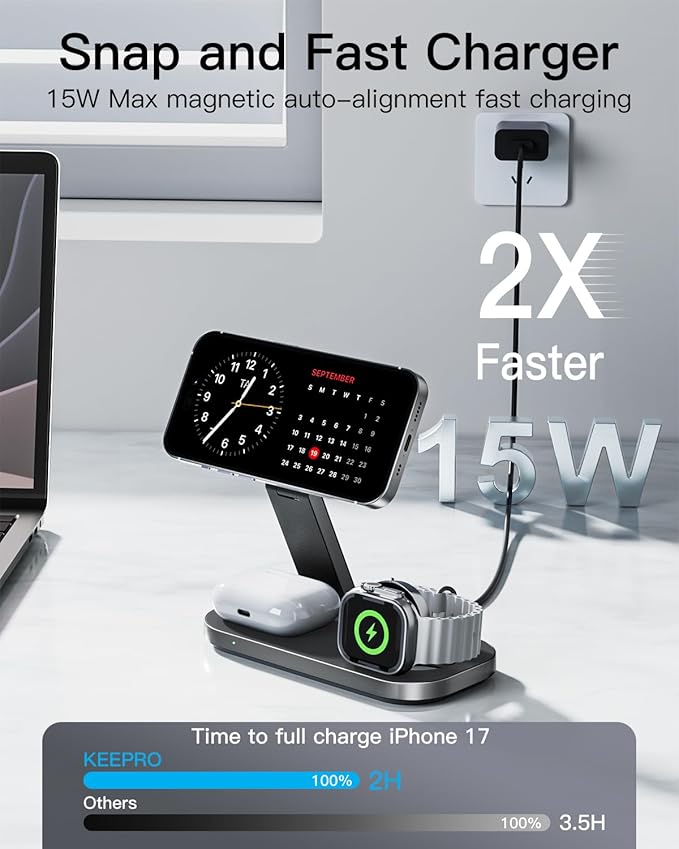 3-in-1 Charging Station for Apple Device Foldable Magnetic Wireless Fast Charger Stand Compatible with MagSafe for iPhone 17e/17/16/15/14/13/12/Air Series Apple Watch &amp AirPods-Black