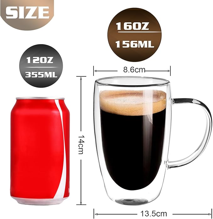 Clear Glass Double Wall Insulated Round Coffee Mugs Set of 4 Pieces - Large Size 16oz Best Reusable Coffee Mug for Home Cafe Restaurant Perfect for Espresso Capucinno Lungo Latte Coffee