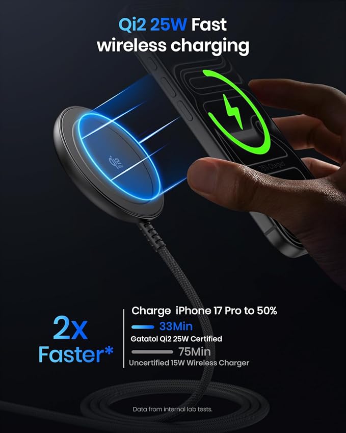 Magnetic Wireless Charger 5FT Qi2 25W Fast Charging Pad Compatible with MagSafe for iPhone Air/17e/17/16/15/14/13/12/Pro/Pro Max Series &amp AirPods 4/3/2/Pro &amp More (with 30W Adapter)