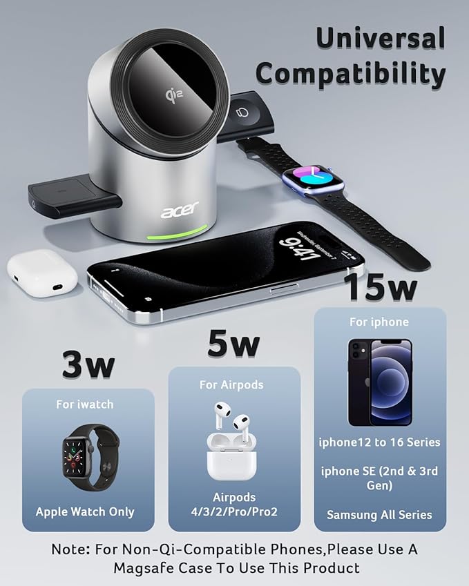 Acer 3 in 1 Charging Station for Apple - Qi2 15W iPhone Wireless Charging Station, Magsafe Charger Stand for iPhone 16 15 14 13 12 - Apple Watch - Airpods Series (Charger & USB-C Included)