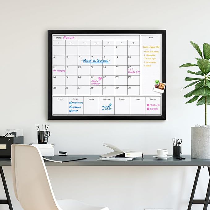 3-in-1 Dry Erase Calendar for Wall, 31.5x23.6 inches Magnetic Surface Monthly & Weekly Planner Whiteboard, Dry Erase Board with Black Wood Frame, Hanging White Board Calendar(YL+ZL-BK,6080)
