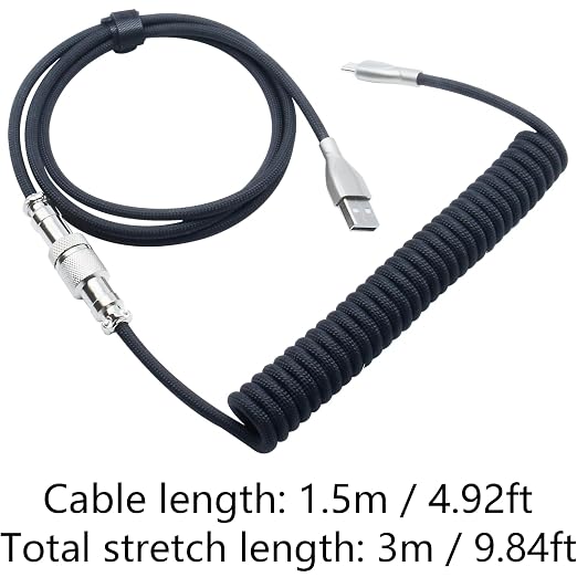 1PCS 1.5M Mechanical Keyboard Cable Black Custom Coiled USB C Cable for Gaming Keyboard with Detachable Metal Aviator USB-A to USB-C