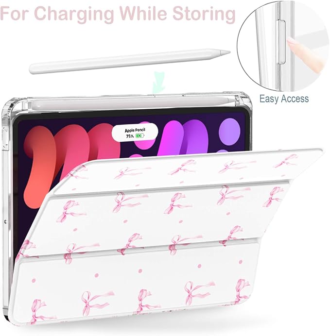 Feams Case for iPad mini 7 A17 Pro 2024/iPad Mini 6 2021 Slim Lightweight Trifold iPad mini 7 A17 Pro Case 8.3 Inch 2024 Clear Back Cover with Pencil Holder &amp Auto Sleep Blue Bow
