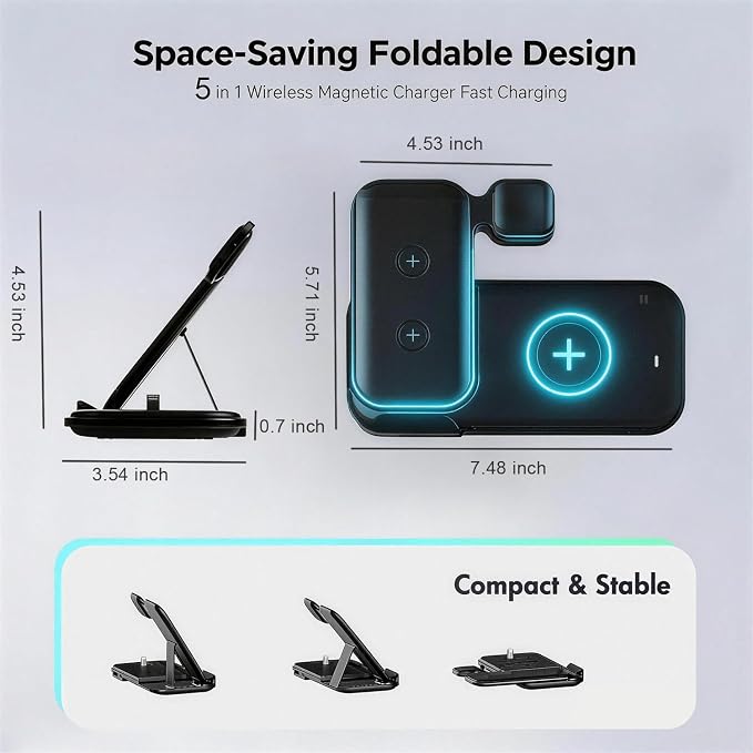 5 in 1 Wireless Charging Station for Multiple Devices Premium Fast Charging Stand for Apple Samsung Android Dual Phone Dock with USB Port for Desk Nightstand