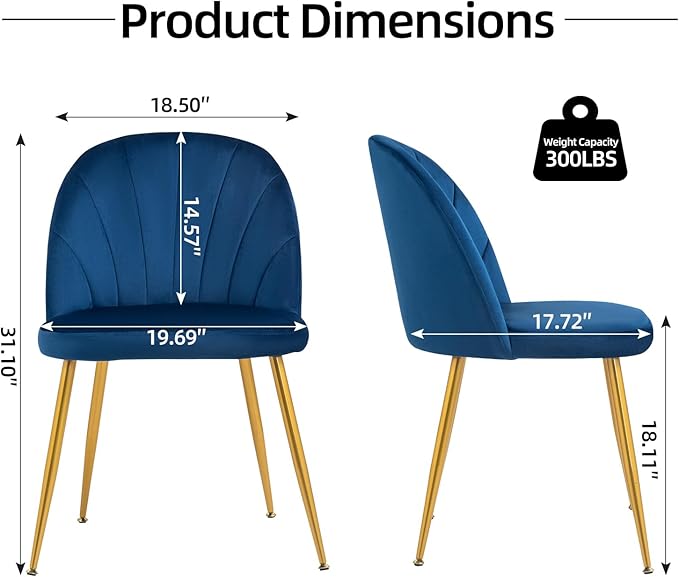 Velvet Dining Chairs Set of 2, Upholstered Mid Century Modern Dining Chairs, Armless Accent Chair with Metal Gold Legs for Living Room, Kitchen, Dining Room, Blue