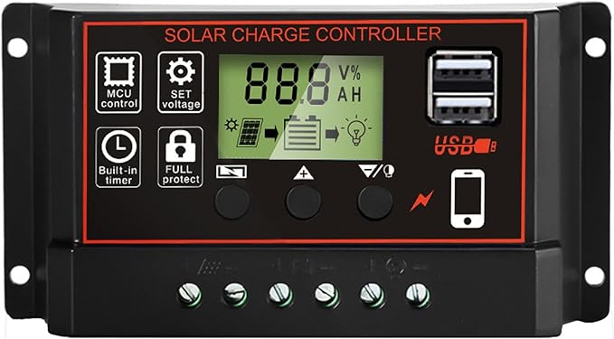 Solar Charge Controller, Solar Panel Charge Controller Intelligent Regulator with Dual USB Port 12V/24V, Auto Paremeter Adjustable LCD Display PWM（Black, 30A）