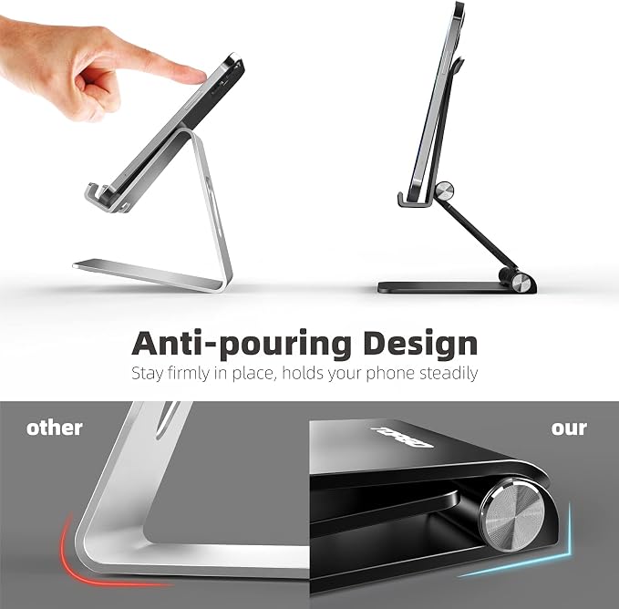 Cell Phone Stand [Stable &amp Height Adjustable] Foldable Cellphone Holder for Desk Office Desktop Bedside Table Compatible with iPhone 14/Smartphones/iPad Mini (Black)