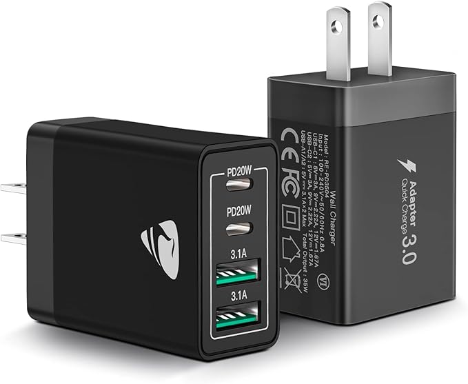 [2-Pack] USB C Wall Charger Block, Aiminu 40W 4-Port Fast Charging Block Dual Port QC+PD Power Brick Multiport Type C Charger Plug Adapter for iPhone 15 14 13 12 11 Pro Max XS XR SE 8 Plus, Samsung