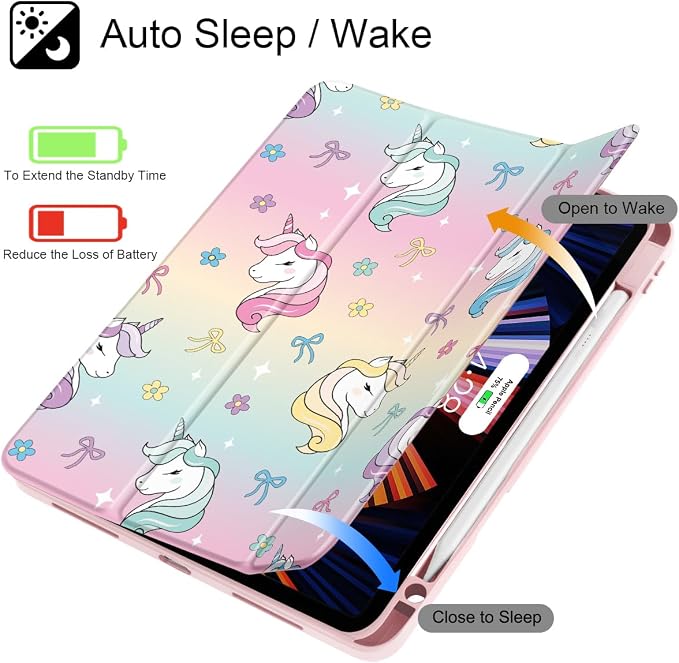 Case for iPad 12.9 Inch (6th/5th/4th/3rd Generation 2022/2021/2020/2018) Pencel Holder + Trifold Support Auto Sleep/Wake Transparent Shockproof Back Cover Abstract Floral SD163
