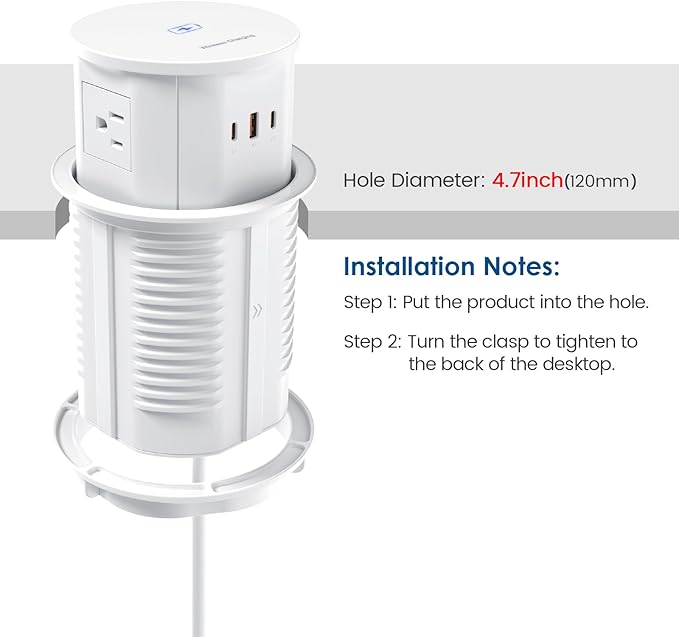 Pop up Outlet for Countertop with 15W Wireless Charger,65W USB C Charging Station,4 Outlets,2 USB C,USB A,Tamper Resistant Receptacle,4.7-inch Hole Power Grommet,Desk Recessed Outlet,White