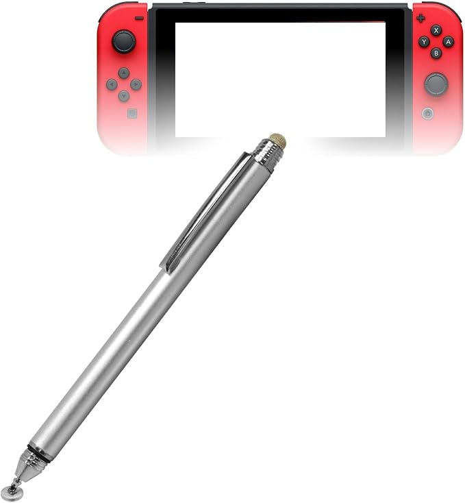 BoxWave Stylus Pen Compatible with Nintendo Switch - DualTip Capacitive Stylus Fiber Tip Disc Tip Capacitive Stylus Pen - Metallic Silver