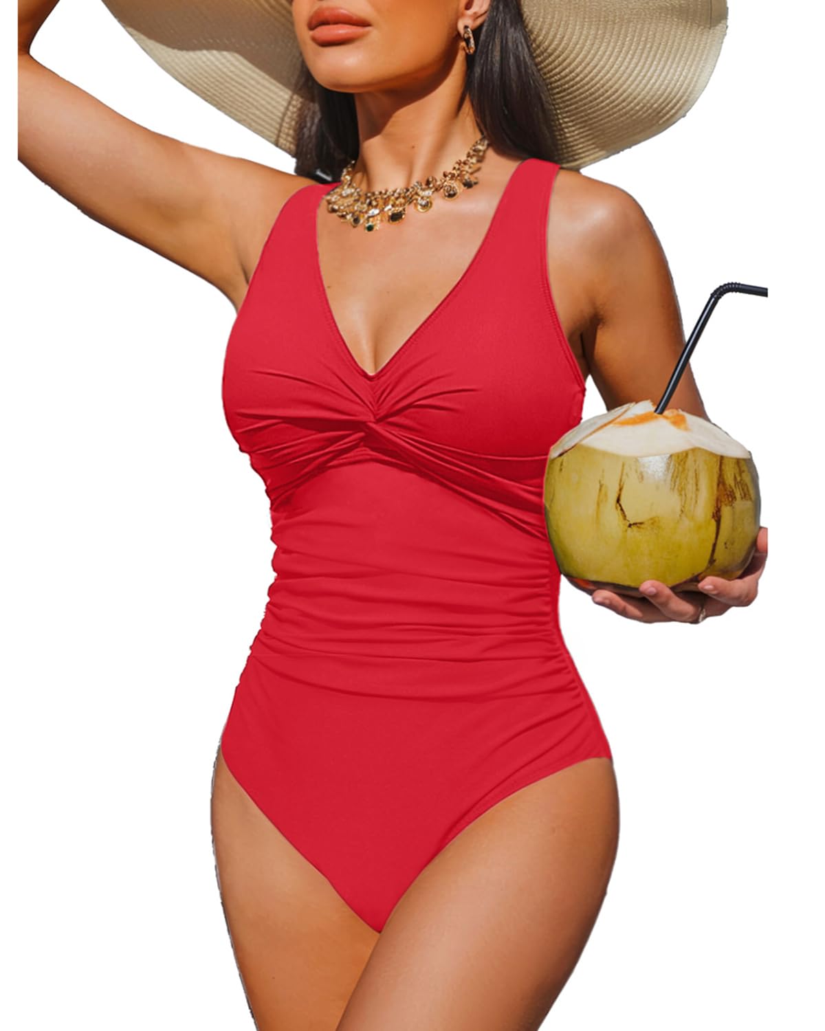 Holipick Red Women Tummy Control One Piece Swimsuit - Push Up Bathing Suit Full Coverage Slimming Swimwear L