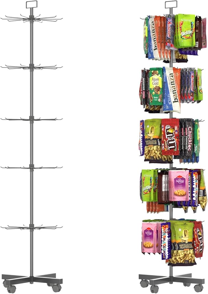 YEOOE Retail Display Racks 5 Tier Spinning Display Stand, Movable Shop Spinner Rack with Hooks, Retail Display Stand for Jewelry Keyring Hats Socks Toys (Black)