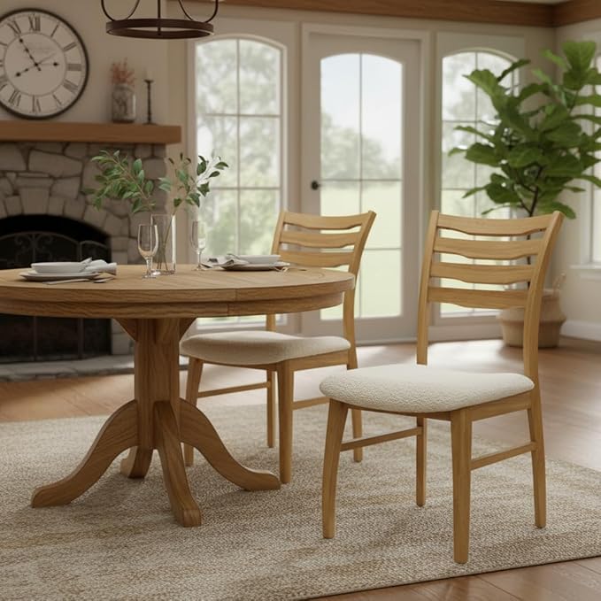 DUOMAY Farmhouse Dining Chairs Set of 2, Fur White Upholstered Side Chairs Solid Wood Ladder Back Kitchen Chairs for Home Dining Room, Light Browm Frame