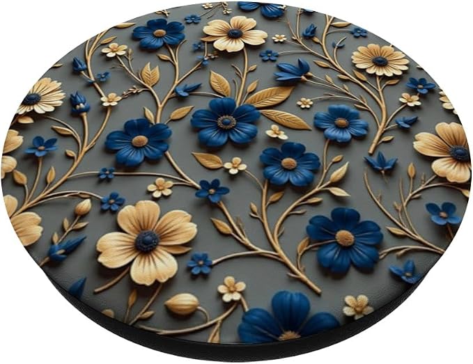 Beige and Blue Floral Print with Leaves Design PopSockets Adhesive PopGrip
