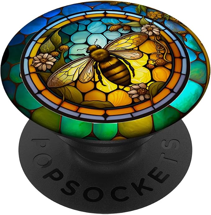 Colorful Bee Honeycomb Flowers Stained Glass Bumble Bees PopSockets Adhesive PopGrip