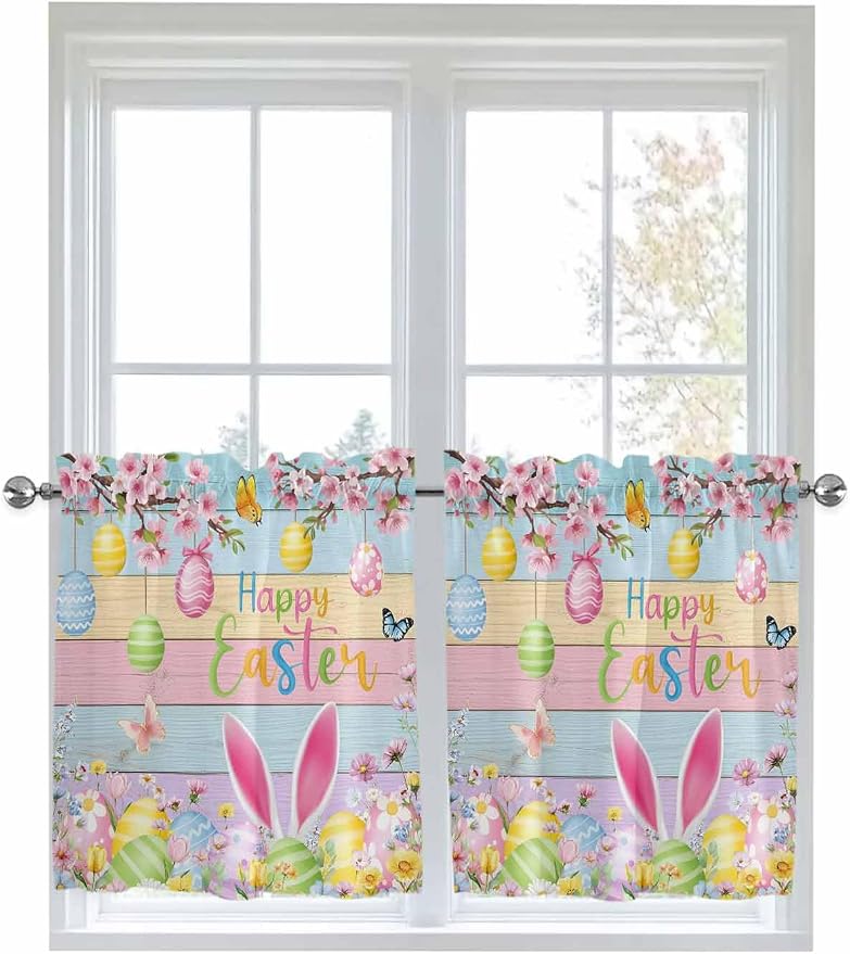 Colorful Easter Half Window Curtain 36 Inches Long, Spring Watercolor Bunny Egg