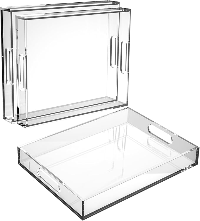Acrylic Serving Tray Set of 2-16x12 & 15.4x11.9 Inch Clear Luxury Trays for Kitchen, Dining, Bathroom Organizer - Non-Slip, Scratch-Resistant, Spill-Proof Design - Ideal Gift for Housewarming, Parties